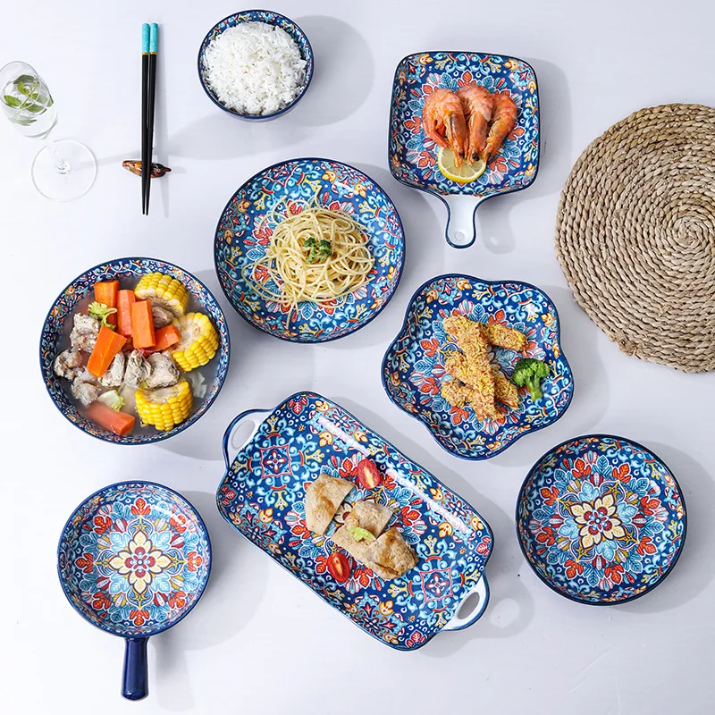 Baroque dish set Creative ceramic tableware Rice rice bowl soup noodles large bowl Household handle Fish plate dish