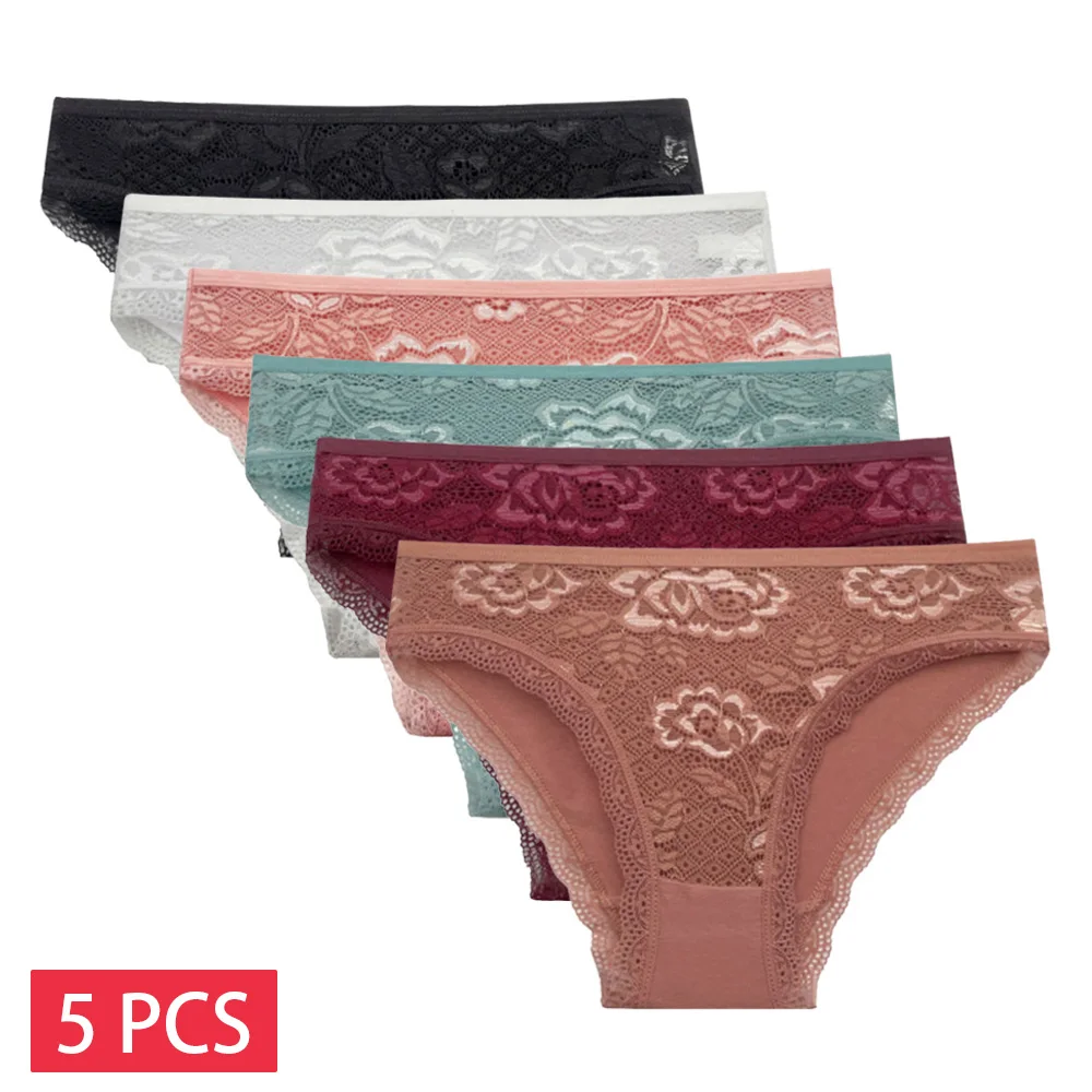 5 PCS/Set New Arrival Sexy Low-rise Underwear Soft Underpants Solid Color Lace Transparent Women Cotton Briefs Ladies Panties 1
