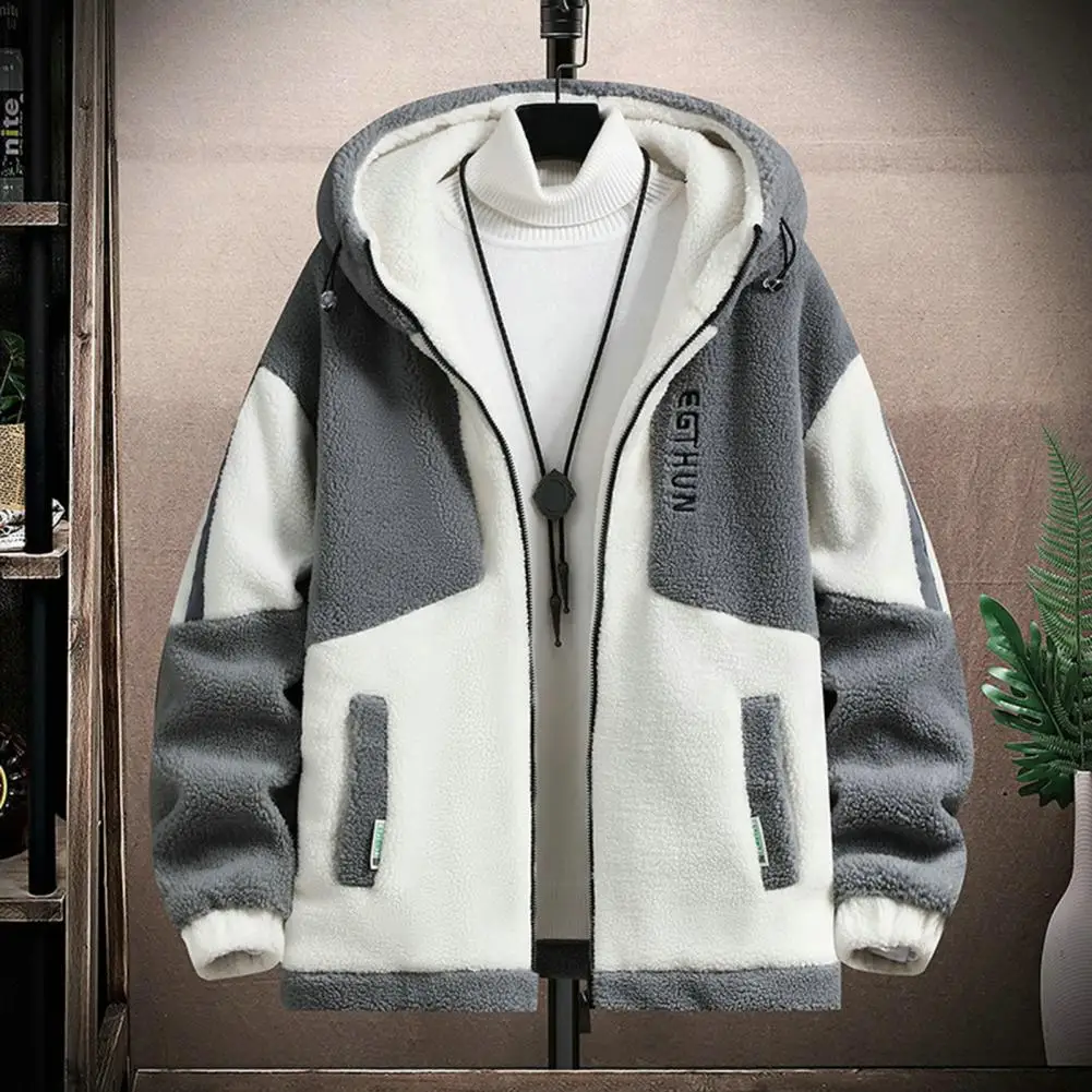 Men Warm Winter Jacket Colorblock Hooded Men's Jacket with Plush Letter Decor Cold Resistant Design Warm Winter Coat with Zipper