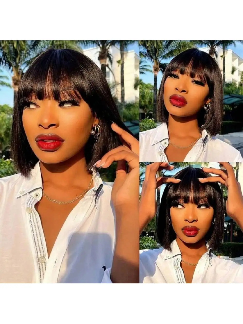 Short Bob Wig With Bangs 8-14 Inch Full Machine Made Bob Human Hair Wigs Silky Straight Brazilian
