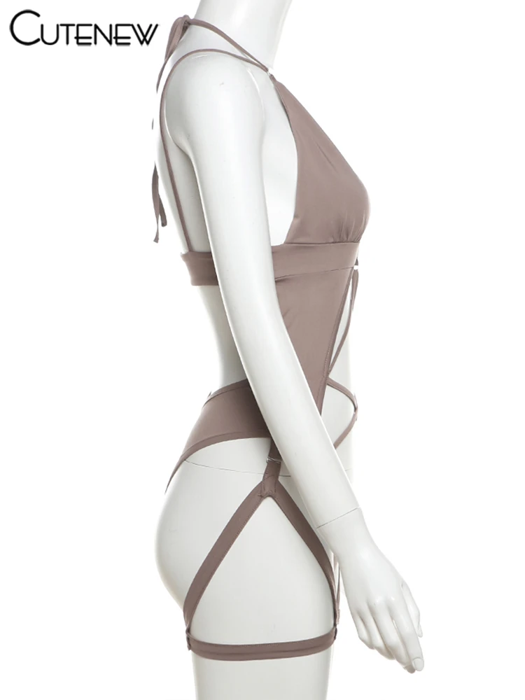 Sexy Swim Bodysuits Women Beach Style Unique Cut Out Bandage V-neck Slim Backless Playsuit Female Holiday Attractive Top