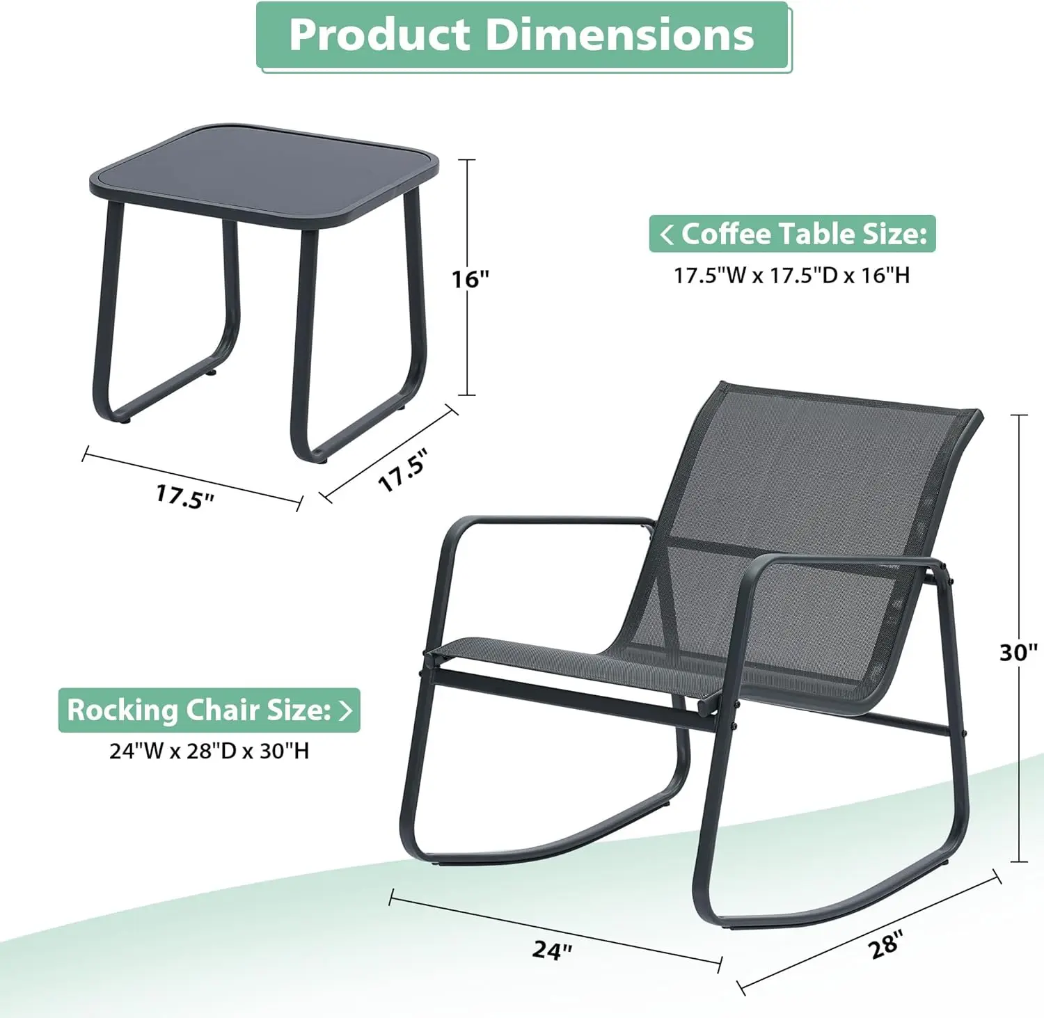 3 Piece Patio Furniture Set, All Weather Textile Outdoor Conversation Set with Rocking Bistro Chairs and Table, Small Patio