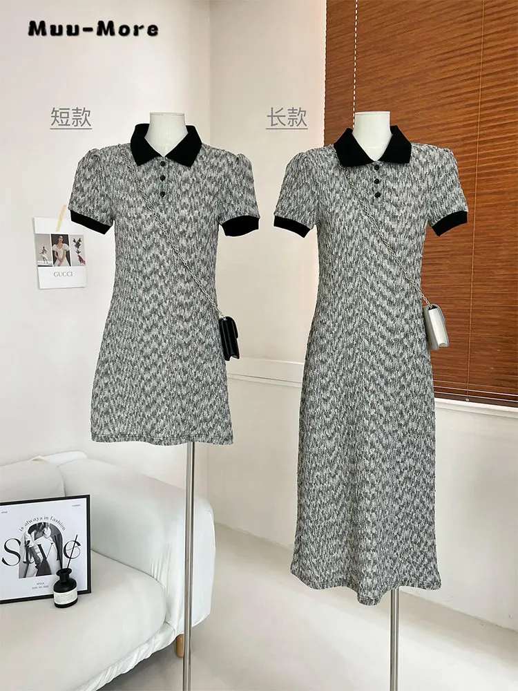 

Женское винтажное платье-поло средней длины, элегантное классическое офисное ТРАПЕЦИЕВИДНОЕ ПЛАТЬЕ составного кроя с коротким рукавом и воротником поло, лето 2023