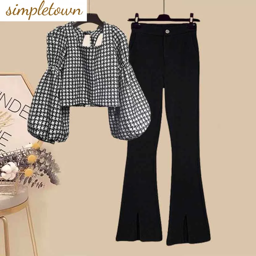 Bubble Sleeve Plaid Patchwork Chiffon Shirt Wide Leg Jeans Two-piece Elegant Women's Pants Set Summer Outfits