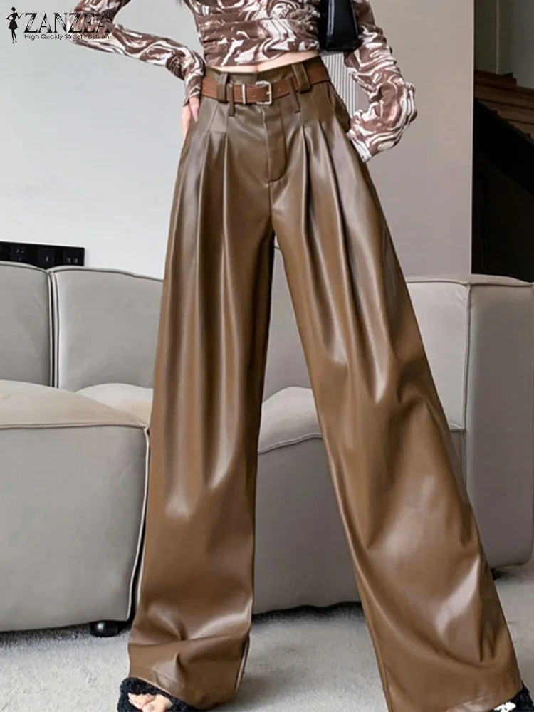 ZANZEA Women Bell Bottom Flared Long Pant PU Wide Leg Trousers 2024 Elegant Stretchy Faux Leather Pants Sexy Mid Waist Pantalons