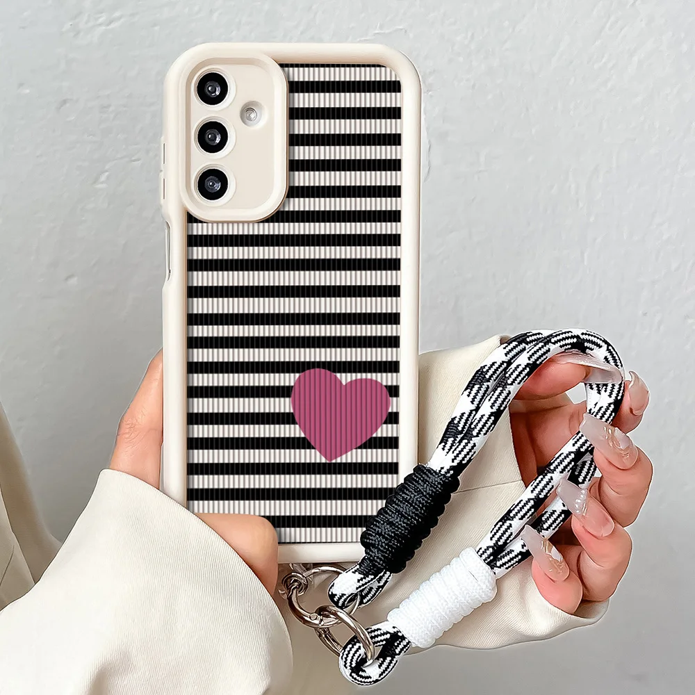 Stylish Stripe Pattern Wrist Chain Lanyard Case with Love Heart Design and Hanging Strap