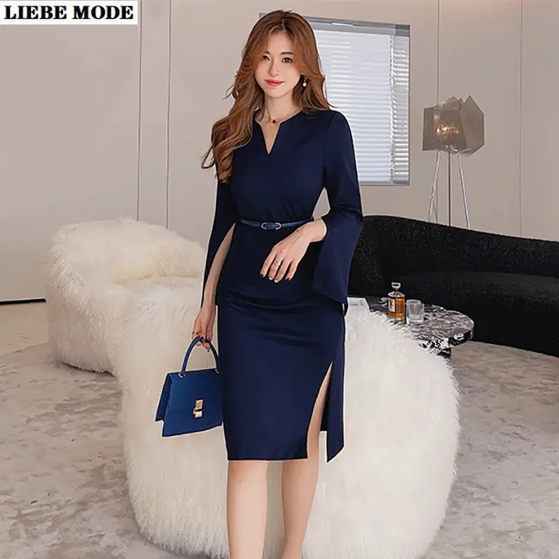 

2023 New Spring Sexy V-Neck Split Work Wear Sheath Dress Women Simple Chic Vestidos Office Ladies Bodycon Casual Pencil Dresses