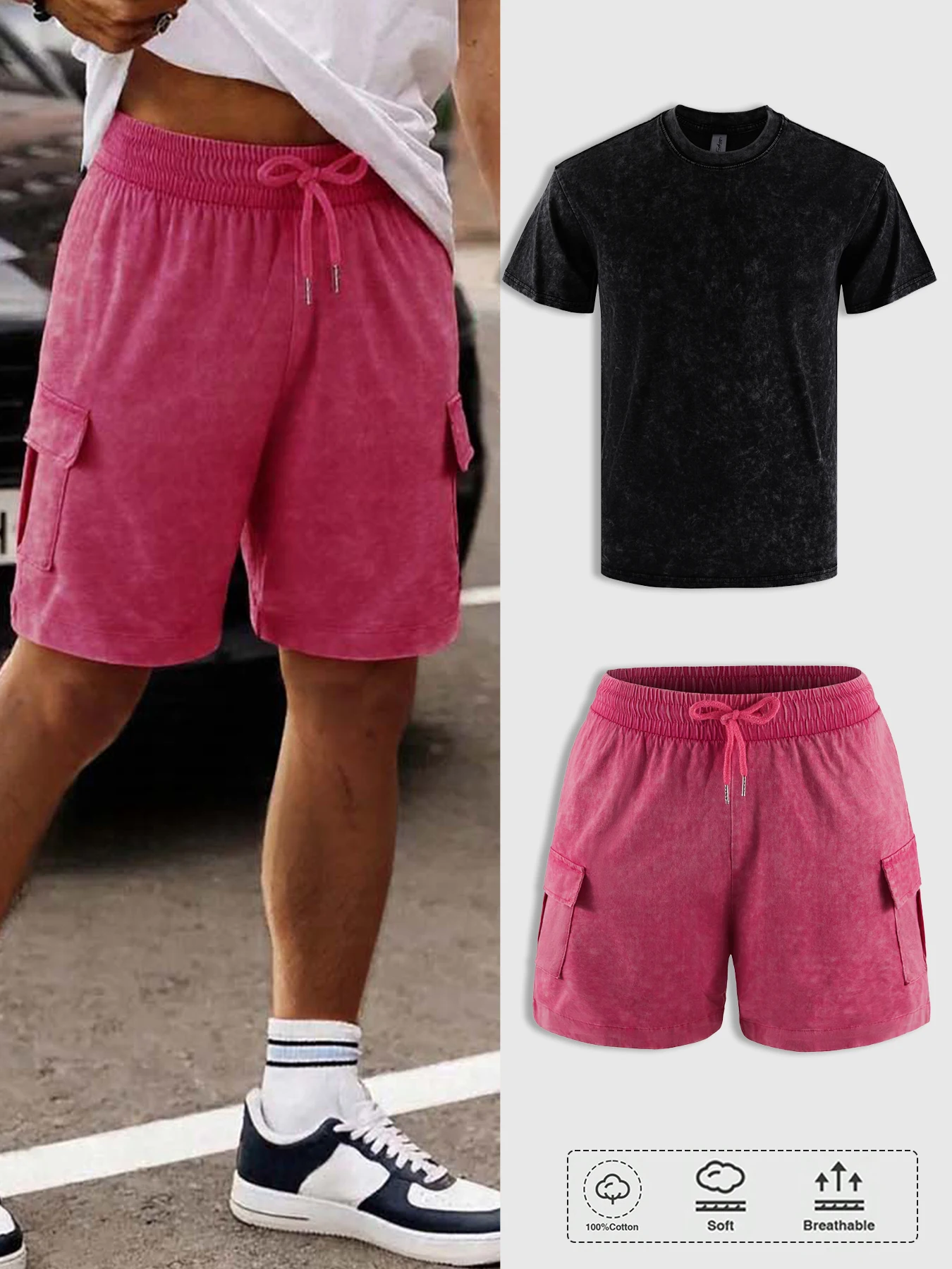 Solid Snow Washed Casual Shorts Set Men Soft Cotton Short Sleeve Streetwear Clothes Creative Vintage Trendy Unisex Short Suit