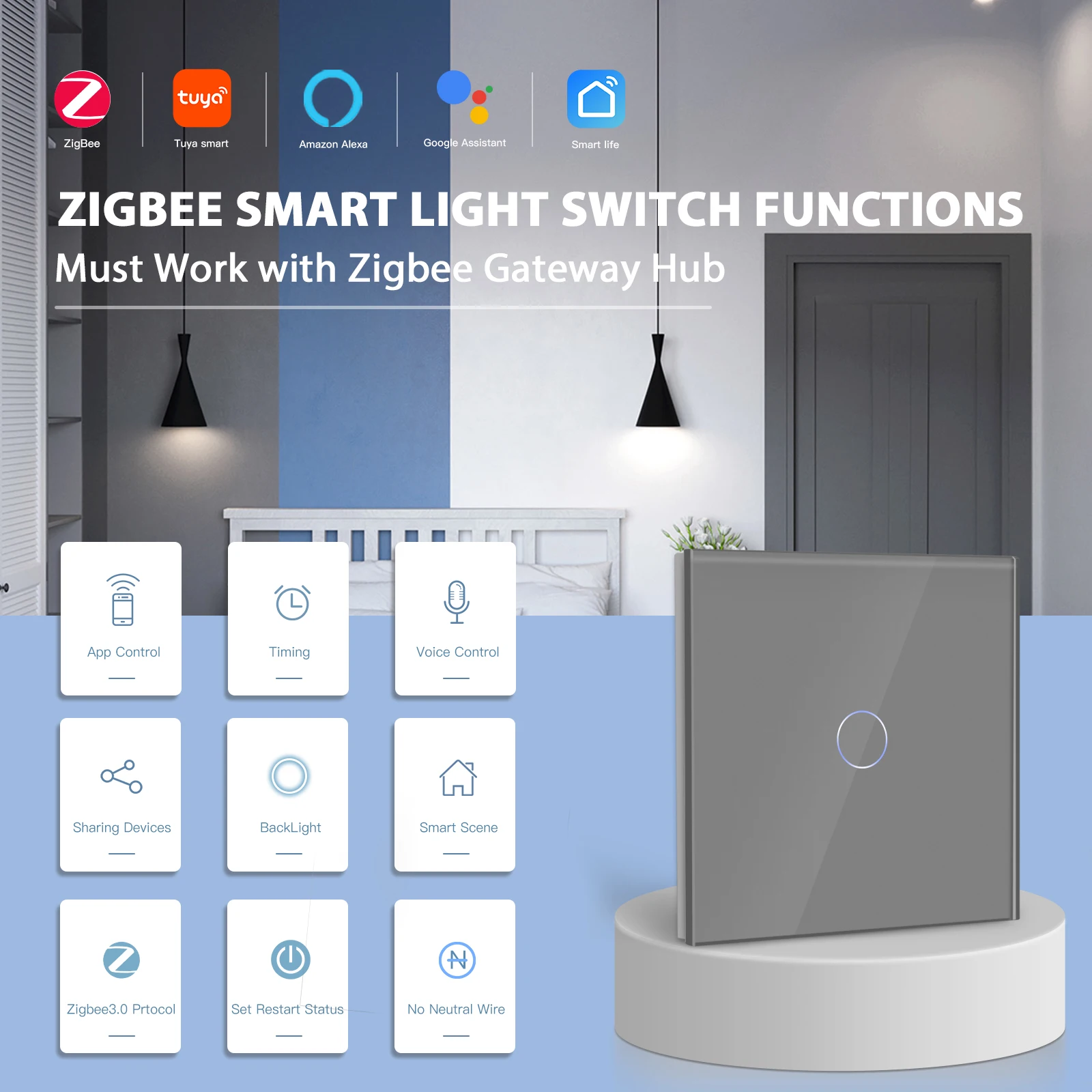 BSEED-interruptor inteligente Zigbee 1/2/3 Gang 1 Way, botones LED en vivo  individuales, Panel de vidrio, funciona con Google Home, Interruptor táctil  de la UE, Smart Life - AliExpress