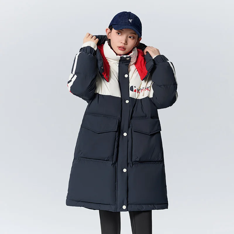 Semir Down Jacket Women Long Color Block Letters Winter Fashion Hooded Loose Warm Thick Coat