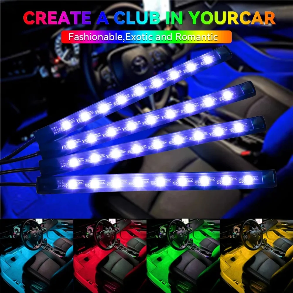 자동차 인테리어 앰비언트 풋 라이트, USB 무선 원격 음악 앱 제어, 자동 RGB 분위기 장식 램프, 36 48 LED, 4 개