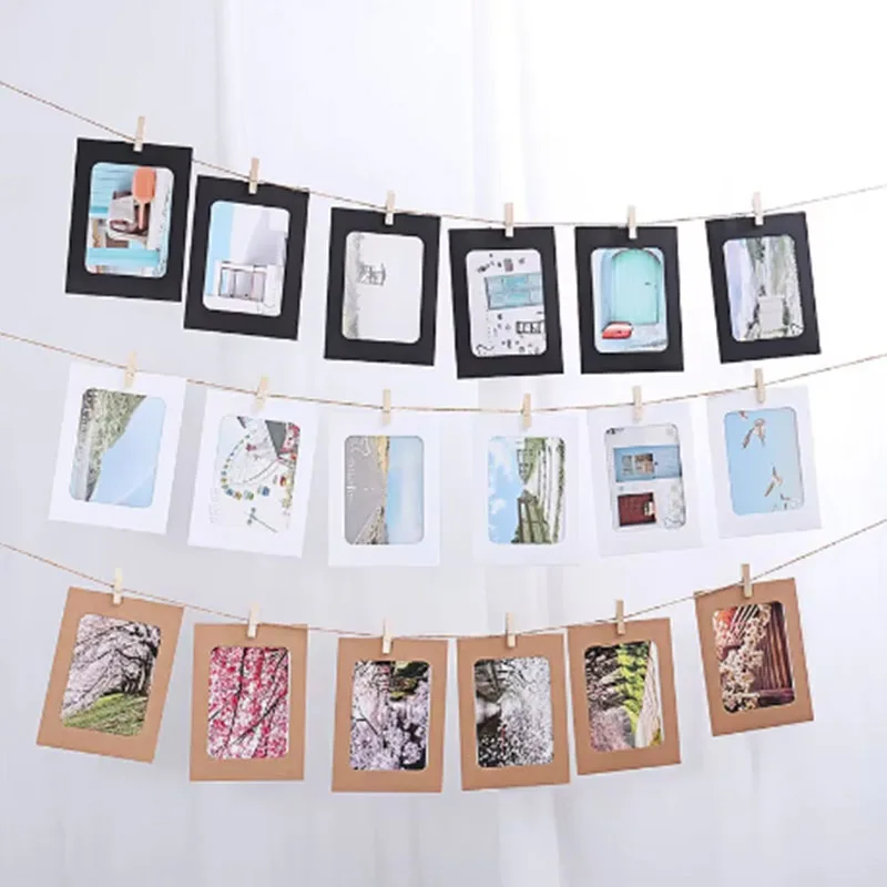 10 Pcs Combination Paper Frame with Clips DIY Kraft Paper Picture Frame Hanging Wall Photos Album Rope Home Decoration Craft