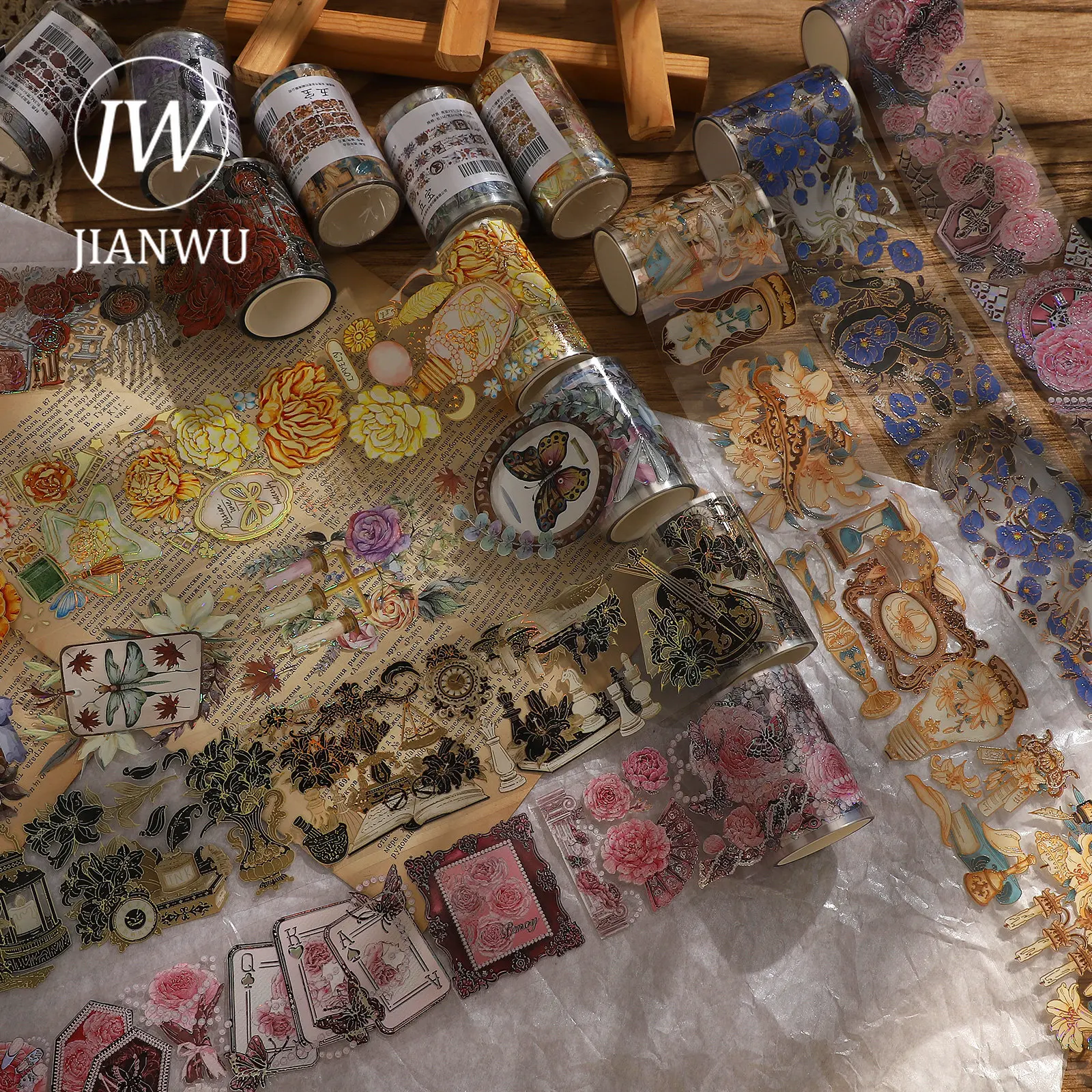 

JIANWU 200cm/300cm Multiple Specifications Glossy PET Dark Laser Gold Tape Creative DIY Journal Collage Decor Stationery