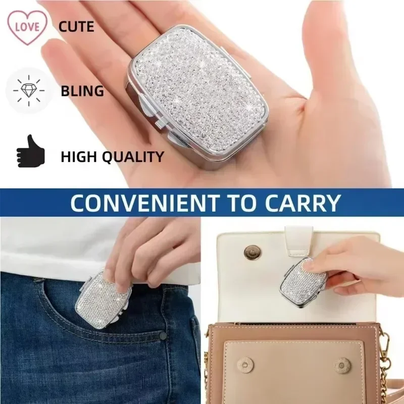 Portable Bling Crystal Pill Box 2 Compartments Daily Pill Organizer Small Travel Pill Case for Purse or Pocket to Hold Vitamin