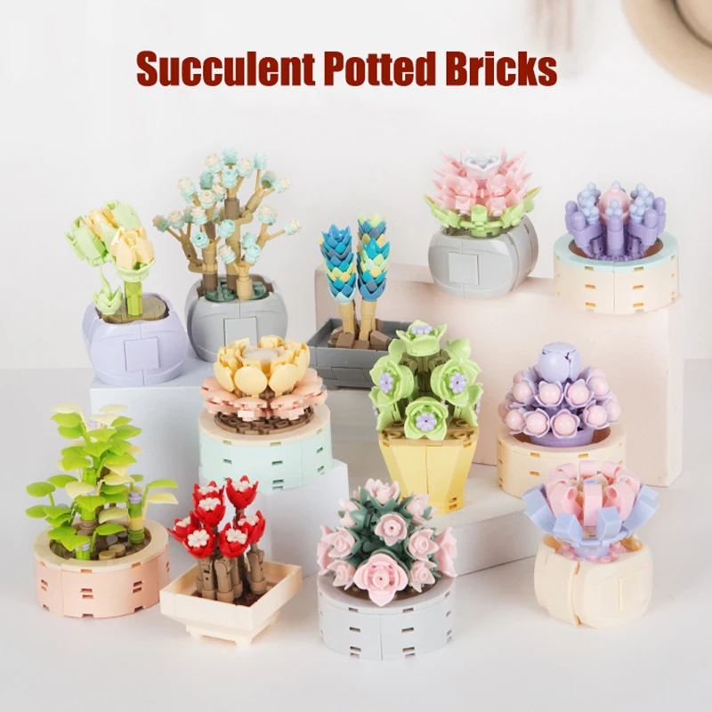 

Mini Brick Succulent Potted Flower Model Small Ornament DIY Plant Bonsai Flower Building Block Children's Toy Girl Holiday Gift