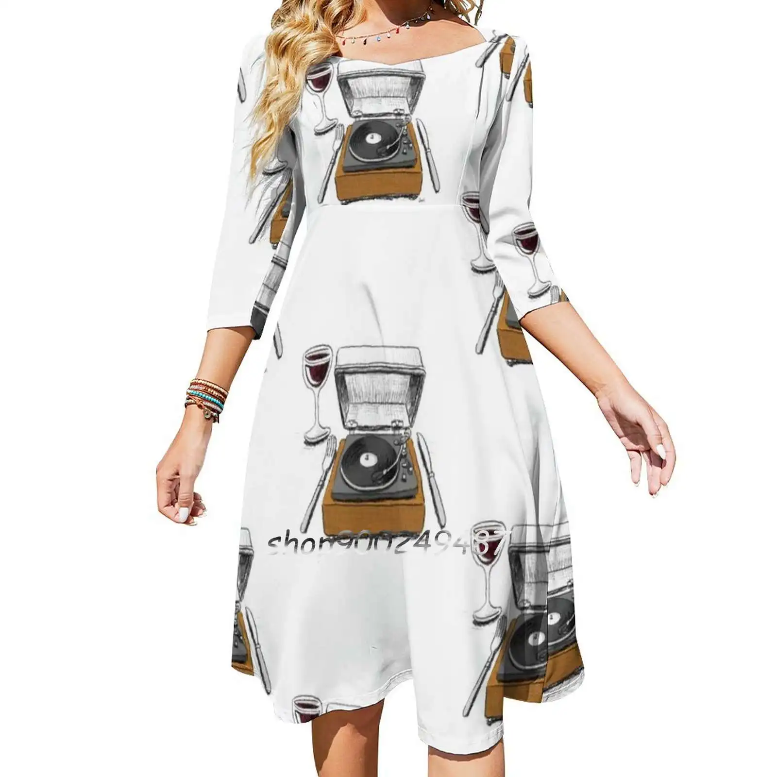

Dinner Music Square Neck Dress New Plus Size Elegant Women Waist Tight Dress Appreciation Food Jazz Music Player Record Retro