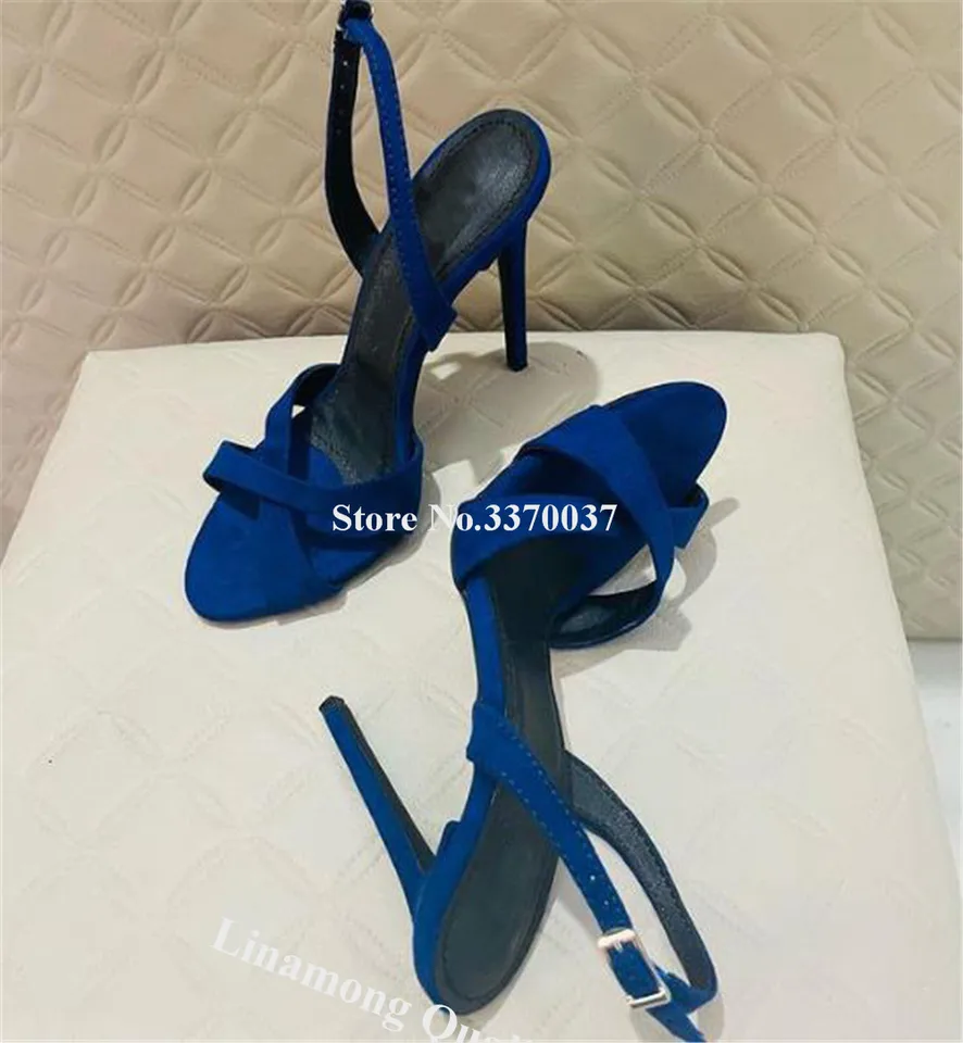 Sandali Raso Tacchi Con Lacci Alla Caviglia Blu Sandali Con Fibbia