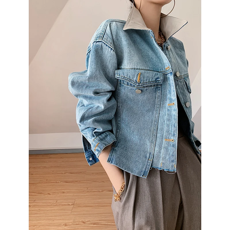 

Модная женская джинсовая куртка, блестящая короткая куртка с лацканами и длинным рукавом, Повседневная Джинсовая Верхняя одежда на весну и осень