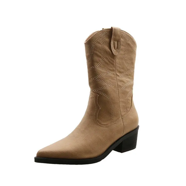 Platte Platform Cowboy Laarzen Vrouwen Schoenen Herfst Winter Bont Lederen Laarzen Mode Ronde Neus Hoge Hakken Dames Schoenen