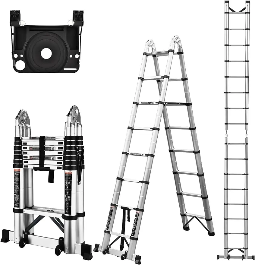 Telescoping Ladder A Frame, 16.5 Ft Compact Aluminum Extension Ladder, Portable Telescopic RV Ladder for Outdoor Camper Trips homesmiths aluminum ladder 3 steps