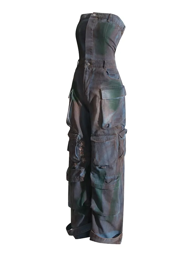 KBQ Streetwear Hit Color Jumpsuit For Women Strapless Sleeveless Off Shoulder High Waist Patchwork Pocket Jumpsuits Female Style