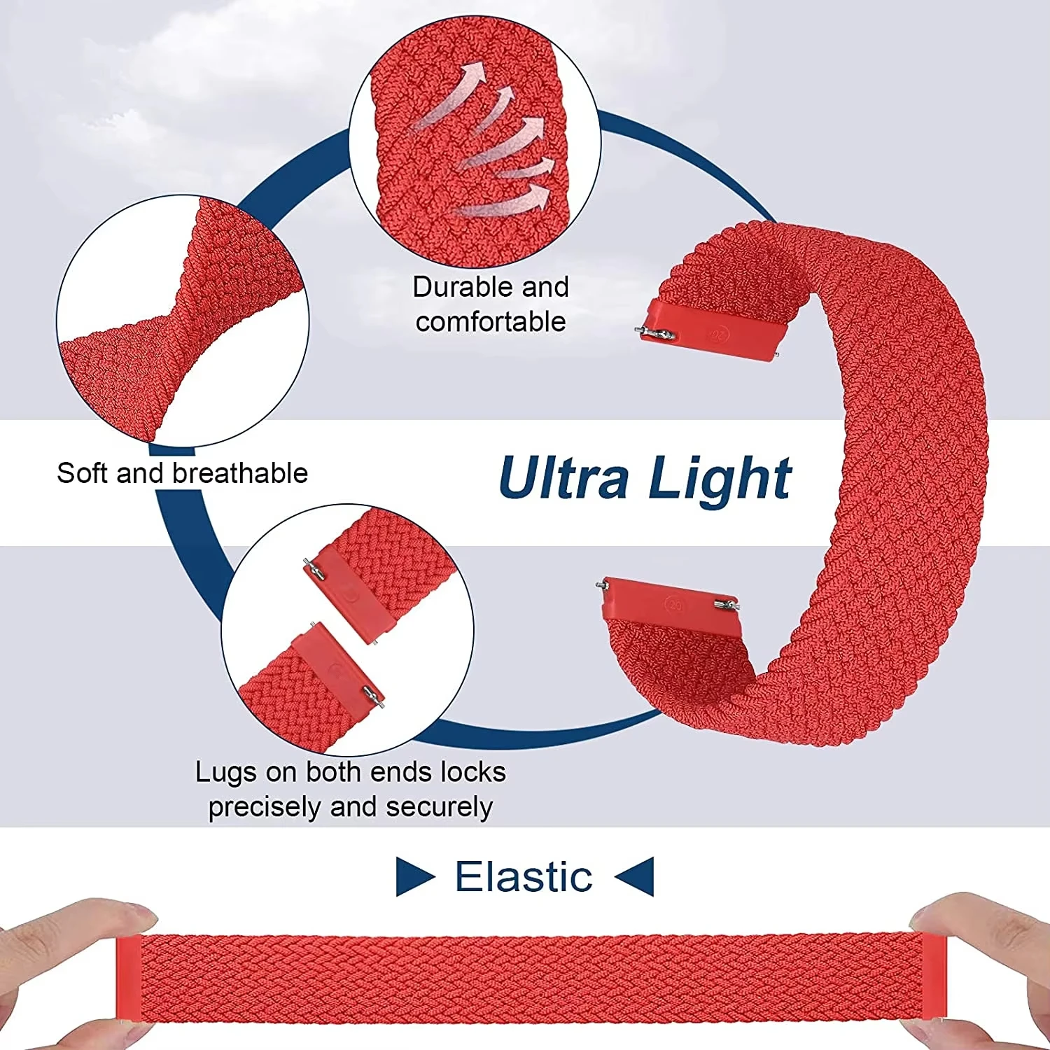 Braided Nylon Elastic Weave Strap, 22mm Adjustable Wristband