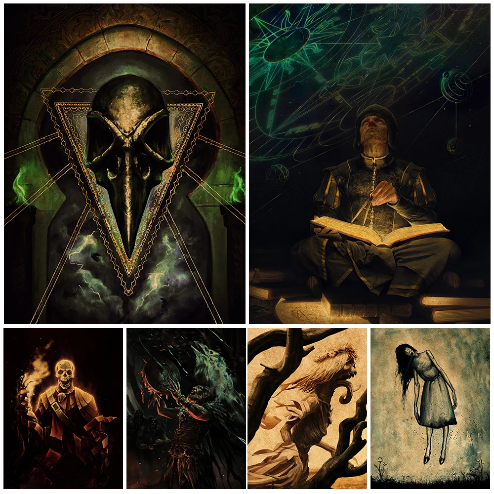 

Raven Wizard And Crystal Skull Wall Art Vintage Canvas Painting Decor Noon Wraith,Stargazer Retro Poster Print Decor Unframed