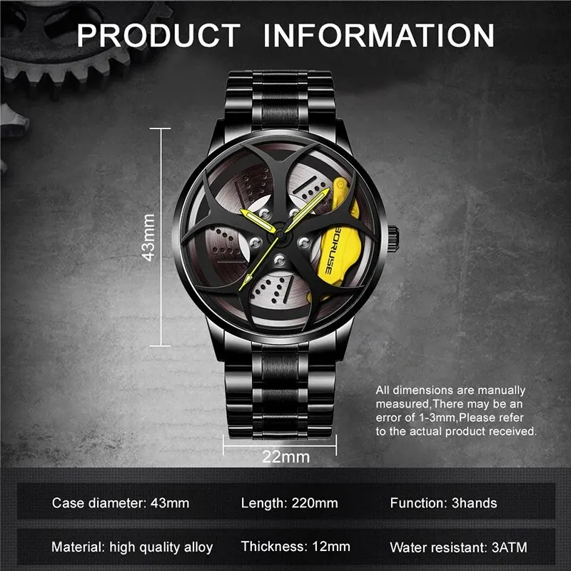 2023 Luxury Mens Fashion Car Wheel Watches Men Sports Waterproof Quartz Wristwatch Stainless Steel Wheel Hub Watch Montre Homme 4
