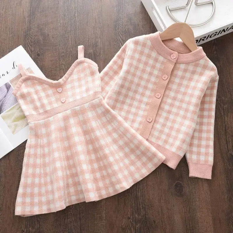 

Bear Leader Kids Christmas Sweet Knitwear Suits Girls Baby Plaid Sweaters Coats Suspender Dress Outfits Princess Clothes Sets