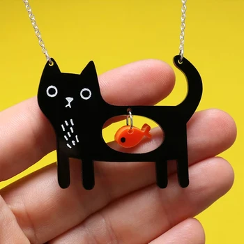 Black Cat Necklace – Adorable Kawaii Cat & Fish Pendant