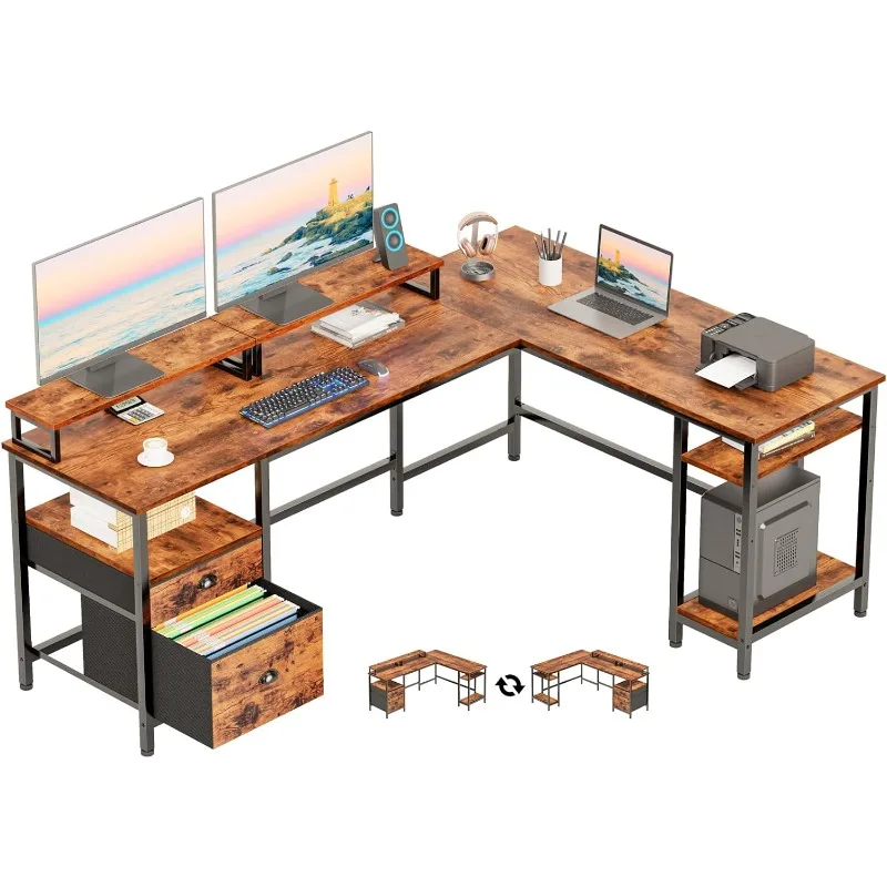 

66" L Shaped Computer Desk with Shelves, Reversible Corner Gaming Desk , Large Home Office Desk Writing Study Table Workstation