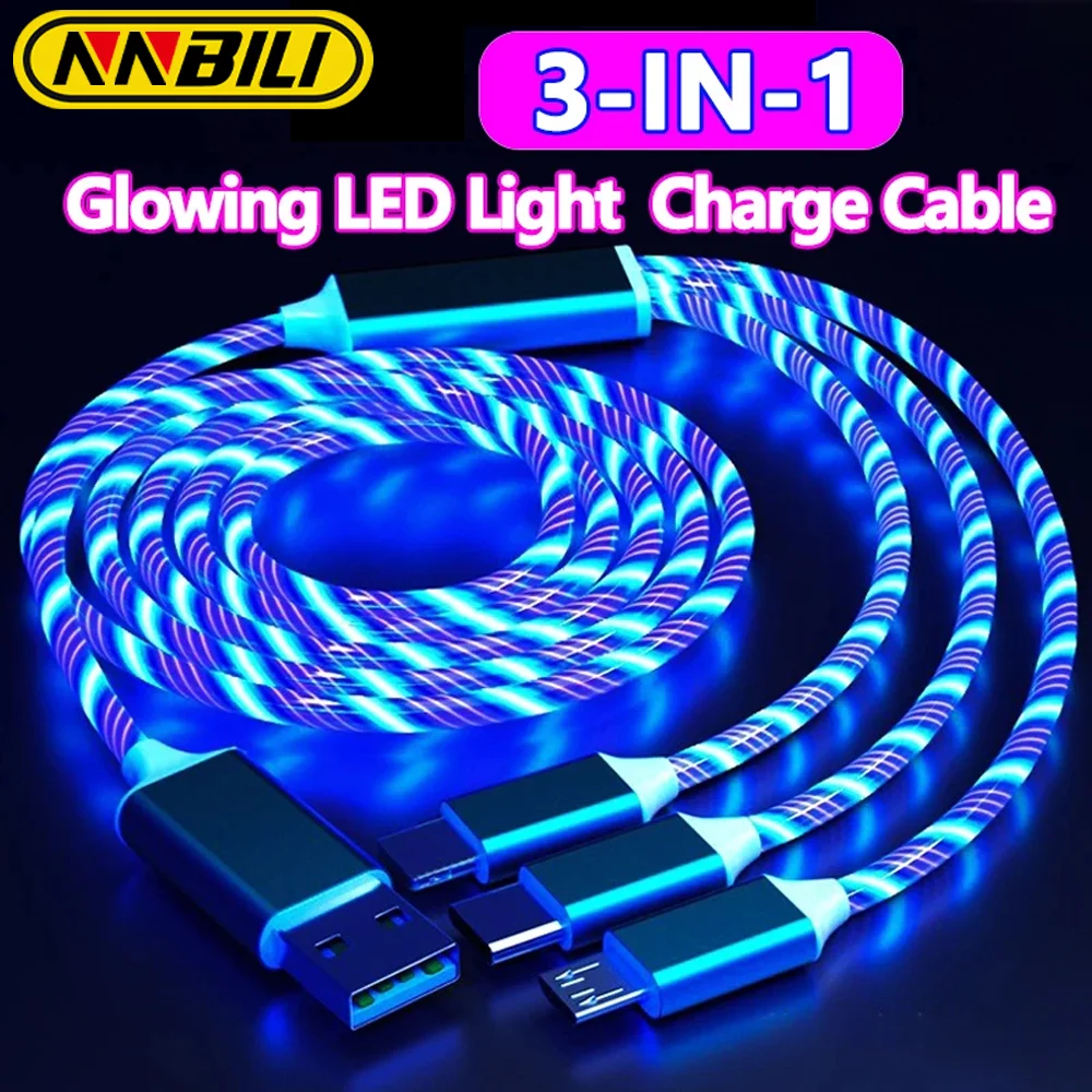 NNBILI 3 IN 1 Glowing LED Light party Phone Charger Luminous USB Type C Cable For Xiaomi iPhone 14 Samsung S24 Phone Accessories Best Sellers In Phones Accessories