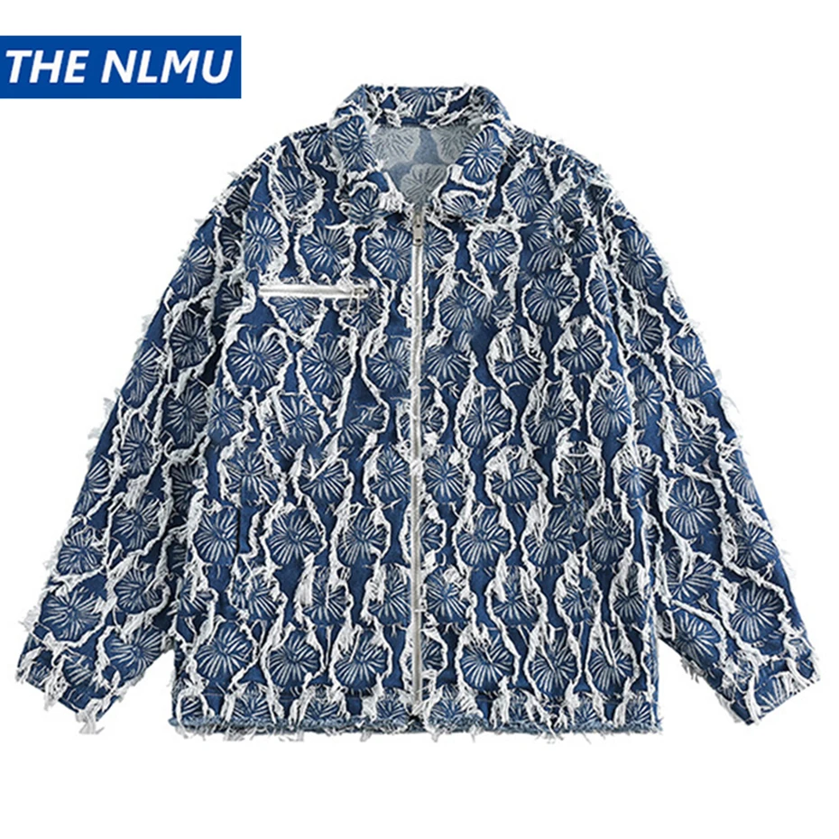 

2023 Men Fashion Denim Jackets Tassel Flower Blue Loose Jeans Jacket Zip Up Coat Harajuku Oversized Hip Hop Streetwear Jacket