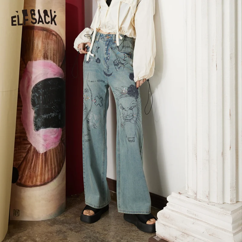

ELFSACK Graffiti Wide Leg Jeans Women 2023 Spring New Loose Straight Daily Trousers