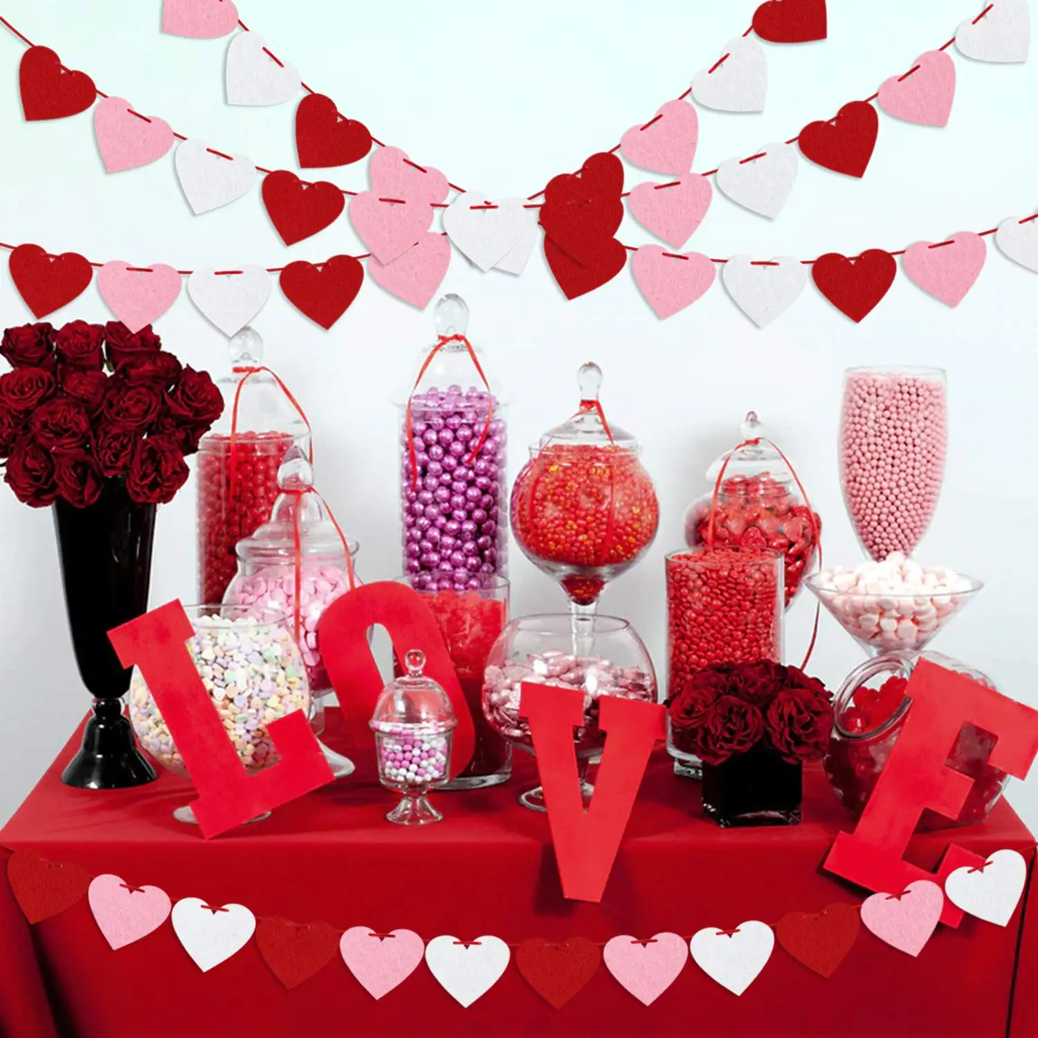 Party Decorations Wool Felt Ball Garland Valentines Felt Heart Garland Banner Pre-Strung Valentines Decorations Love Heart Banner Anniversary Wedding
