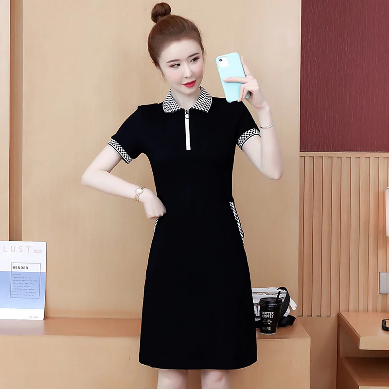 6403 격자 무늬 폴로 넥 짧은 드레스 여성용 반팔 사무실 미니 드레스, 슬림 지퍼, 우아한 포켓, 블랙, 블루, 여름 티셔츠 드레스