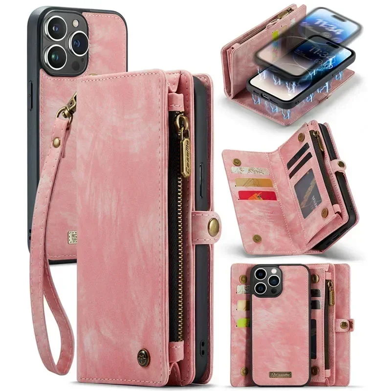 Luxury Leather Wallet Case with Zipper and Strap