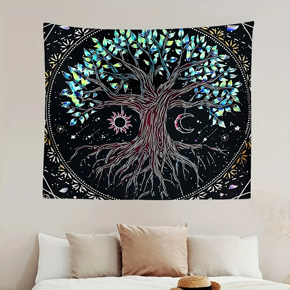 Tapestry Decor 1Pcs 75x58cm Tree of Life Tapestry BlackLight Sun Moon Stars Galaxy Colorful Hippie Psychedelic Bedroom Dorm Decor Aesthetic