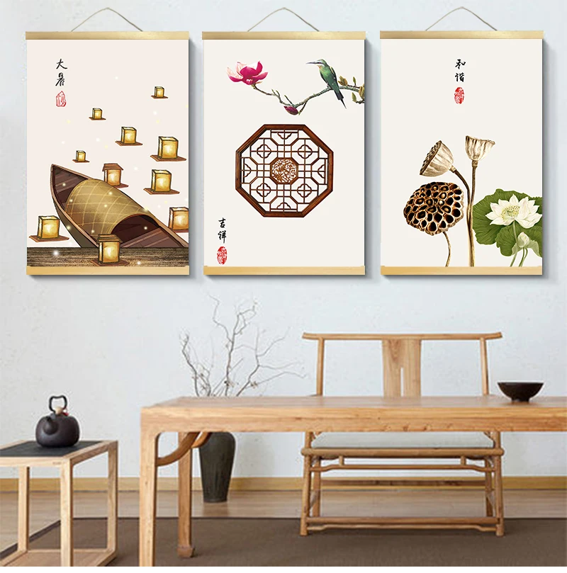 Chinese style green plants canvas decorative painting Store bedroom living room wall art solid wood scroll customizable |