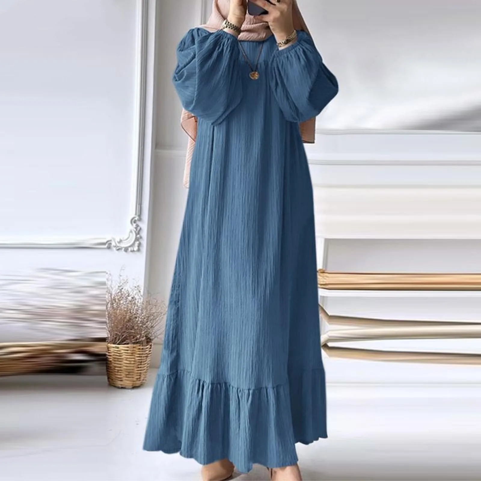 

Womens Abaya Long Sleeve Muslim Dress Solid Black New 2024 Summer Woman Casual Long Dress Female Elegant Dress