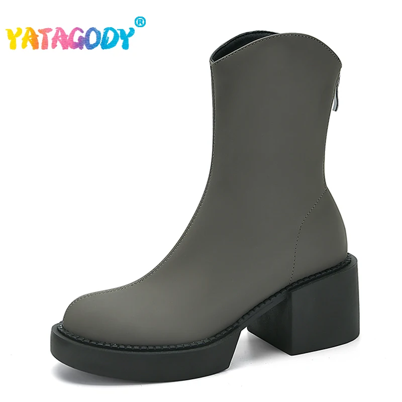 

YATAGODY Size 33-43 Women Ankle Boots Elastic Leather High Heels Shoes For Women Winter 2023 Platform Boots Zipper Retro Booties