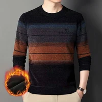Thicken Winter Thermal Men Plus Fleece Sweater Loose Round Neck Long Sleeve Printing Stripe Contrast Color Pullover Knitted Tops 1