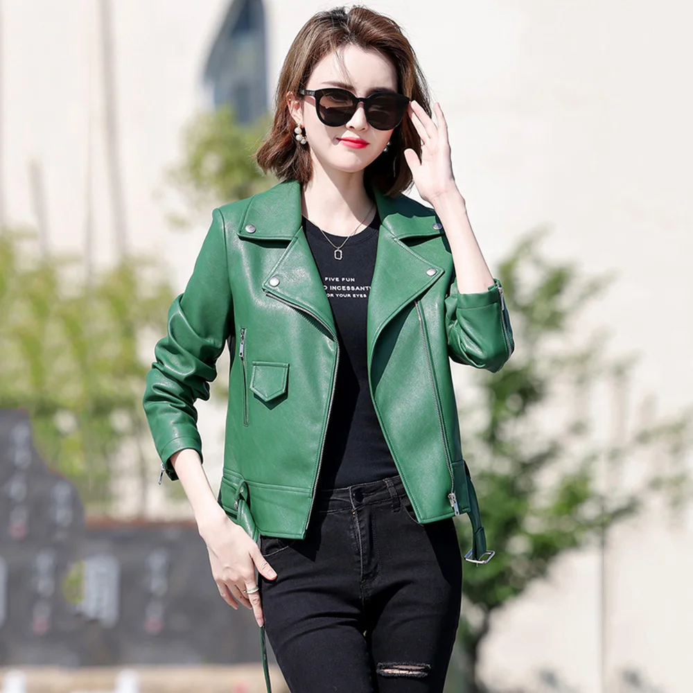 New Women Biker Leather Jacket Spring Autumn Fashion Cool Motor Style Suit Collar Sheepskin Short Coat Slim Jacket Split Leather sheepskin short leather jacket for women cool coat slim female large size leather tops spring and autumn