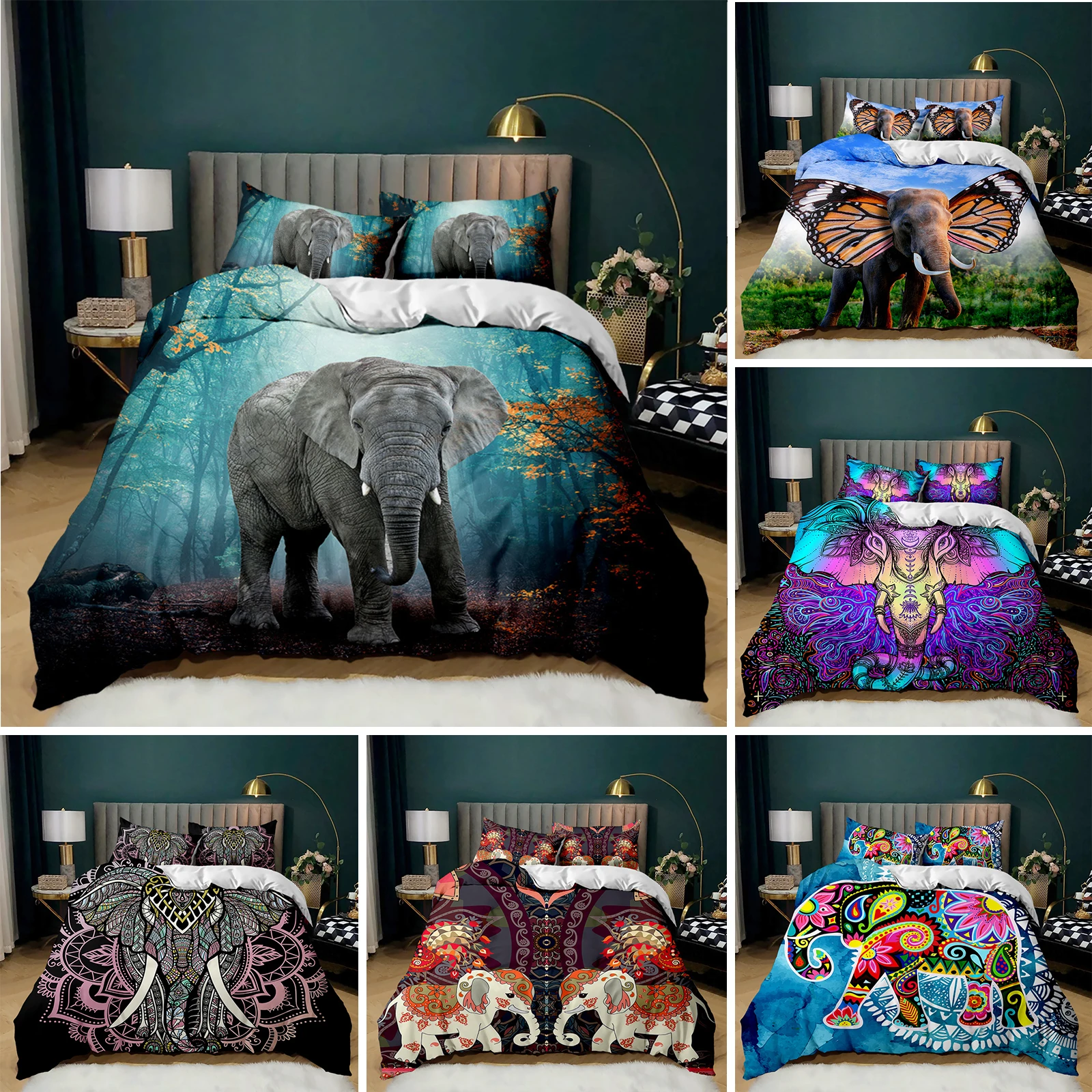 

Boho Elephant Duvet Cover Set Bohemian Mandala Elephant Bedding Set Safari Animal Indian Exotic Queen King Polyester Quilt Cover