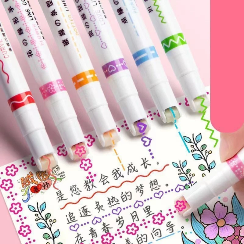 Colored Marker Pens Colored Curved Pens 6-Color Marker Pens with Roller Pen Point For Kids Coloring Drawing Card Making DIY Scrapbooking F19E