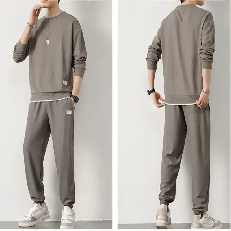 Men's Waffle Set Casual Long sleeved Sweatshirt and Long Pants Men's T-shirt Hoodie Casual Loose M-5XL