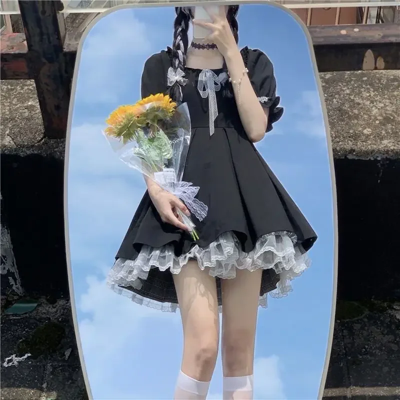 Gothic Lolita Dress Women Goth Harajuku Cute Lace Black Puff Sleeve Short Dresses School Jk 2022 Summer Girls