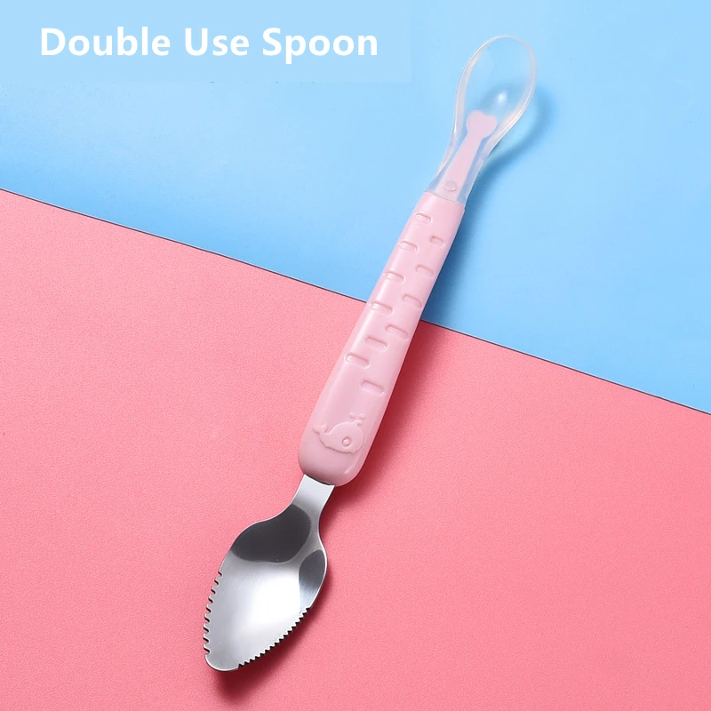 Baby Food Feeding Spoon Stainless Steel Scraping Silicone Soft Spoon Infant Tableware Utensil With Box Children Toddler Cutlery silicone cutlery set baby feeding spoon