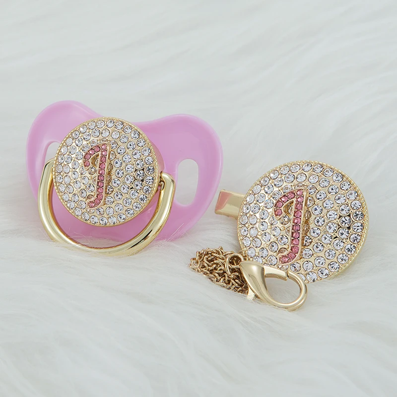 

MIYOCAR luxurious light purple 3D Initials pink letter J bling pacifier and pacifier clip BPA free dummy bling unique gift