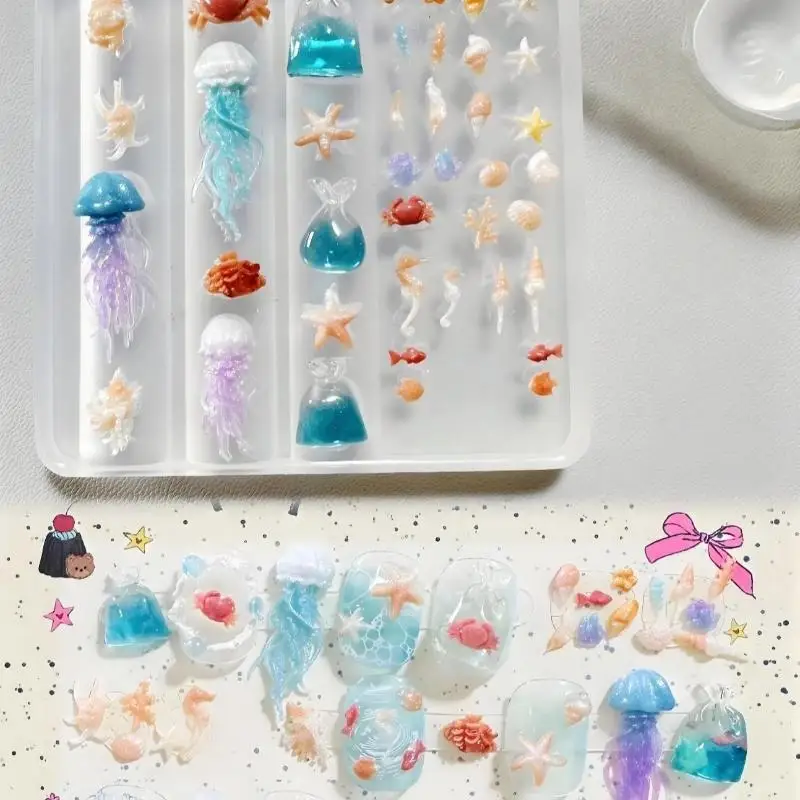 3D 오션 시리즈 실리콘 네일 몰드 DIY 네일 아트 장식 해파리 불가사리 조개 투명 매니큐어 몰드 네일 공예용